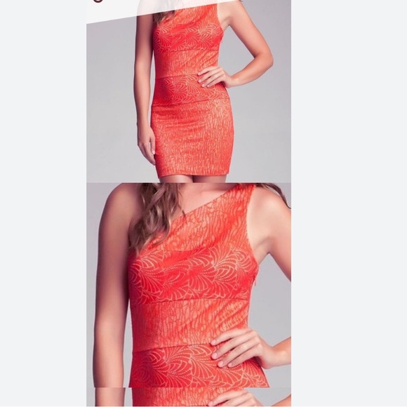 Bebe One Shoulder Lace Bandage Bodycon Dress S Bright Coral Pink NWT - Picture 9 of 14